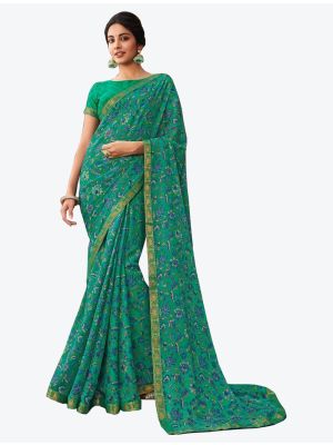 Sea Green Printed Soft Chiffon Designer Saree small FABSA21102