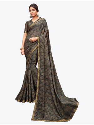 Shiny Black Printed Soft Chiffon Designer Saree small FABSA21108