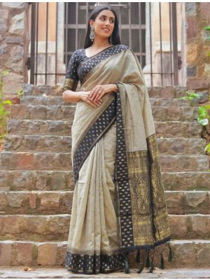 Warm Beige Zari Woven Cotton Saree With Black Blouse