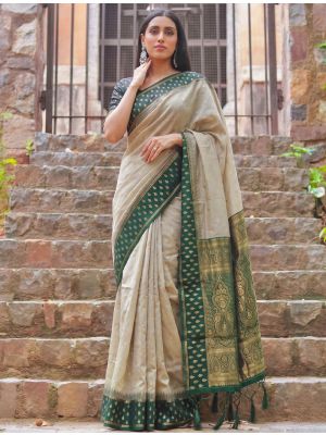 Warm Beige Zari Woven Cotton Saree With Green Blouse