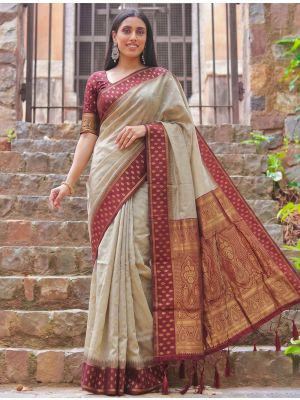 Warm Beige Zari Woven Cotton Saree With Maroon Blouse