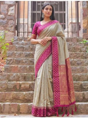 Warm Beige Zari Woven Cotton Saree With Rani Pink Blouse