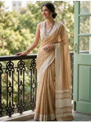 Warm Golden Beige Linen Woven Saree
