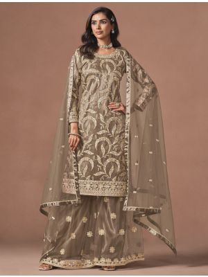 Warm Taupe Net Zari Embroidered Semi Stitched Palazzo Suit small FABSL22559