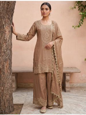 Warm Taupe Shimmer Tissue Embroidered Ready To Wear Salwar Kameez FABSL22555