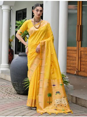 Warm Yellow Banarasi Silk Saree With Paithani Weaving