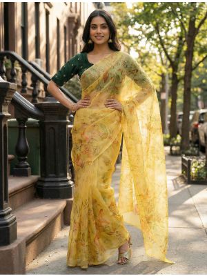 Warm Yellow Organza Digital Print Saree With Embroidered Blouse Piece