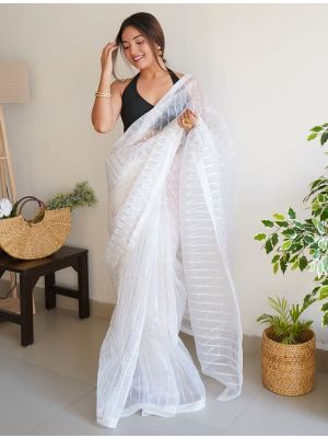 White Organza Party Wear Saree With Silver Gota Work