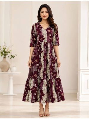 wine and grey rayon fit and flare tiered midi dress fabku21295