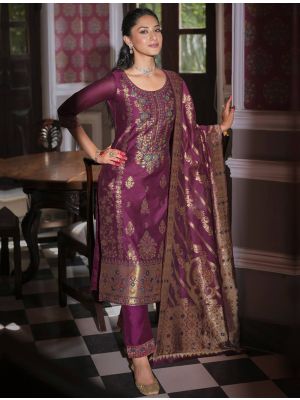 Wine Banarasi Art Silk Ready To Wear Salwar Kameez FABSL22280