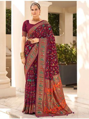 Wine Berry Velvet Tussar Silk Ethnic Saree