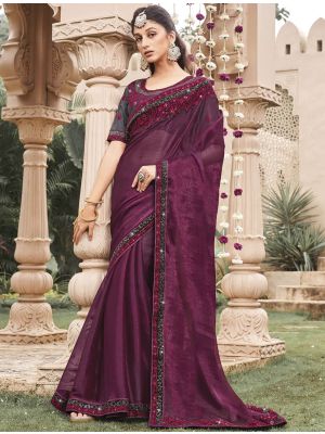 Wine Blooming Shimmer Georgette Embroidered Saree