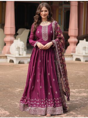 wine chinon flared anarkali gown with dupatta fabgo20320