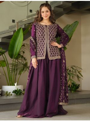 Wine Fendy Silk Embroidered Ready To Wear Palazzo Suit FABSL22223