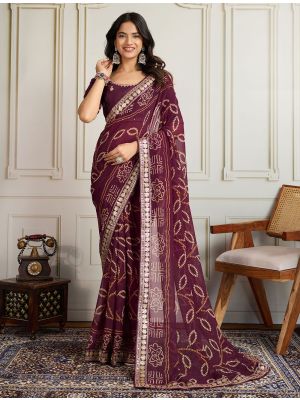 Wine Georgette Bandhani Print Saree With Zari And Sequin