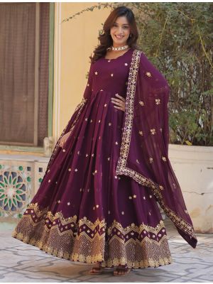 wine georgette elegant anarkali gown with dupatta fabgo20343