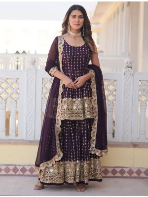Wine Georgette Readymade Sharara Suit With Zari Work FABSL21791