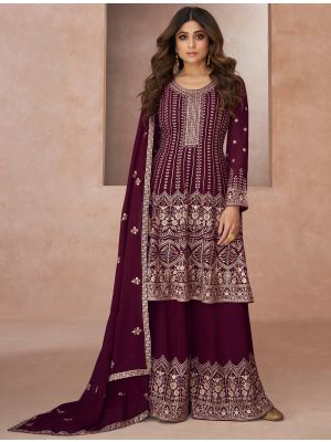Wine Georgette Semi Stitched Embroidered Palazzo Suit small FABSL21621