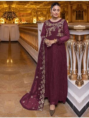 Wine Georgette Semi Stitched Pakistani Suit small FABSL21777