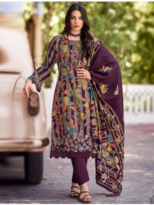 Wine Muslin Floral Printed Ready To Wear Salwar Kameez FABSL22219