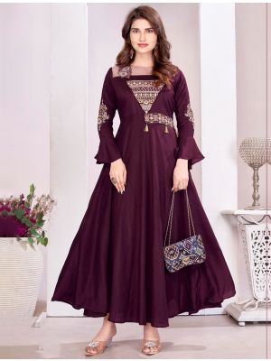 wine muslin trendy embroidered gown  fabgo20428