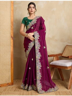 Wine Poly Chiffon Embroidered Saree
