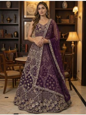 Wine Premium Net Embellished Wedding Lehenga small FABLE20557