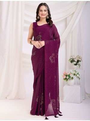 Wine Rangoli Silk Ready To Wear Saree With Diamond Work