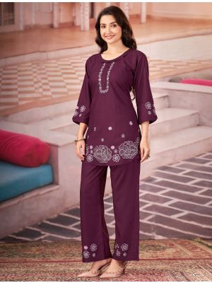wine rayon embroidered co ord set with handwork fabku21330