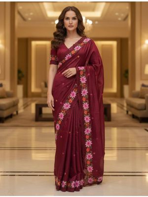 Wine Red Manipuri Silk Embroidered Saree With Cutwork