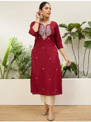 wine red silk blend embroidered kurti fabku21219