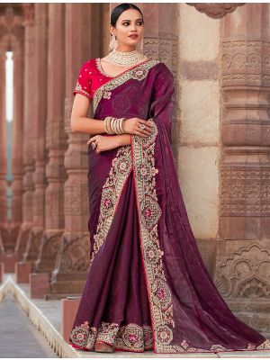 Wine Satin Burberry Embroidered Saree With Diamond Work
