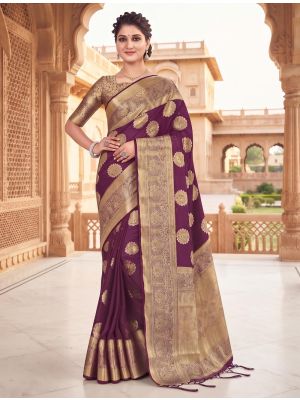 Wine Viscose Silk Saree With Woven Zari Work