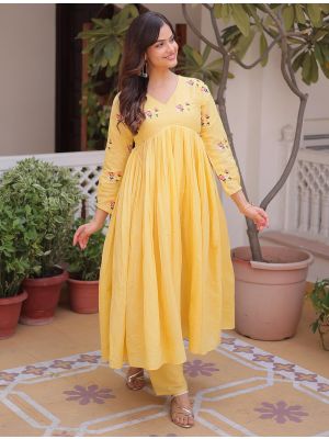 yellow cotton embroidered kurta pant set fabku21198