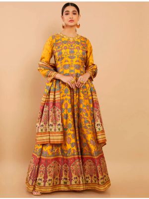 Yellow Dola Silk Digital Printed Readymade Anarkali Suit FABSL21620