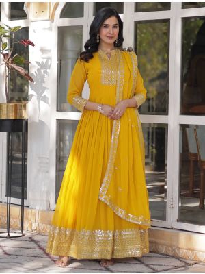 yellow georgette flared anarkali gown with dupatta fabgo20341