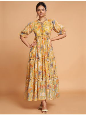 yellow georgette printed elegant midi dress fabku20881