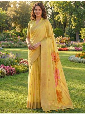 Yellow Linen Cotton Elegant Festive Saree