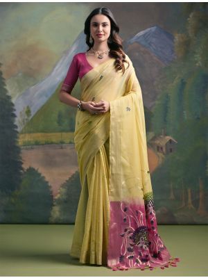 Yellow Muga Cotton Saree With Zari Weaving