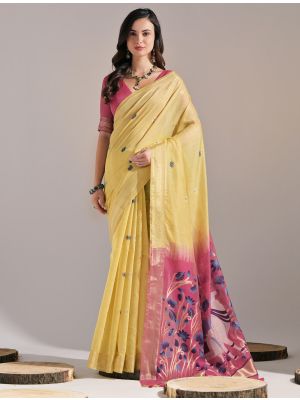 Yellow Muga Cotton Traditional Pattern Saree