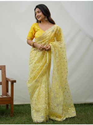 Yellow Organza Party Wear Saree With Thread And Sequins