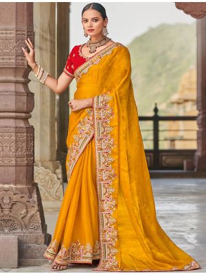 Yellow Satin Burberry Embroidered Saree With Diamond Work