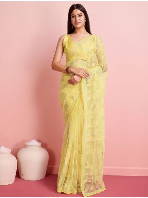 Yellow Soft Net Party Wear Saree With Sequins