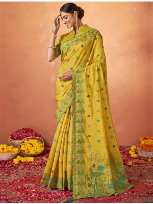 Yellow Tussar Silk Festive Wear Woven Saree FABSA22149