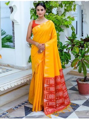 Yellow Tussar Silk Saree With Silver And Copper Zari Weaves