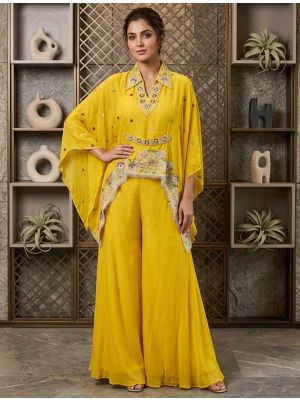 yellow viscose chinon embroidered kaftan palazzo set fabku21232
