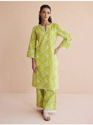 yellowish green cotton ethnic co ord set fabku21211