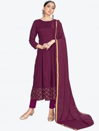 Magenta Printed Rayon Kurta Set with Dupatta