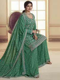 Pine Green Party Wear Semi-Stitched Palazzo Suit With Designer Jari Embroidery Work