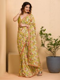 Women Light Green Heavy Chinnon  Designer Saree Collection
